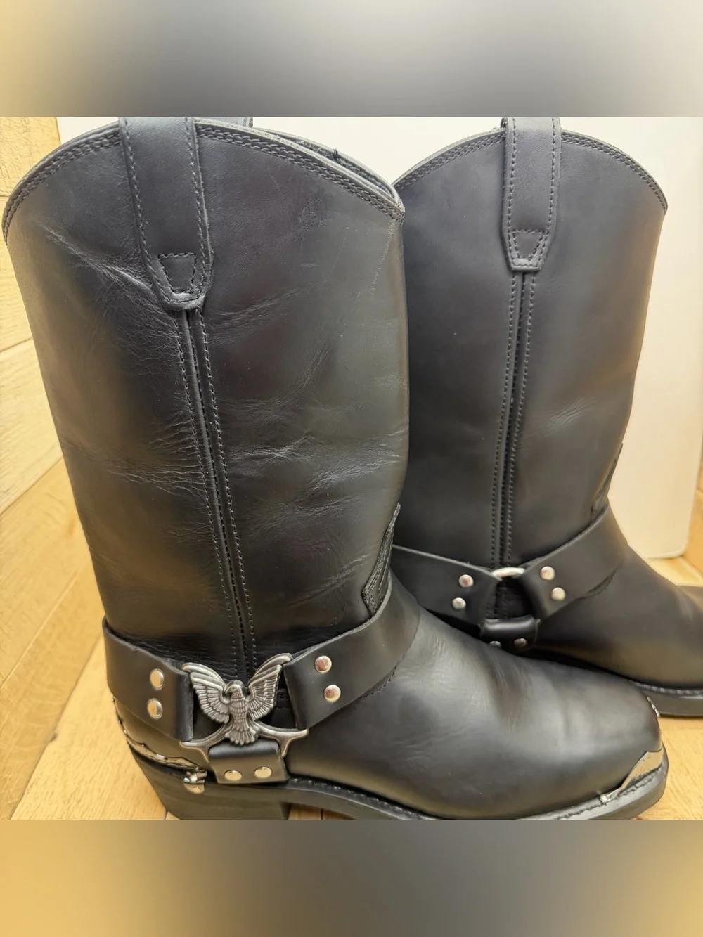 DINGO BLACK LEATHER SQUARE TOE EAGLE HARNESS MOTORCYCLE BOOTS DI19053 MENS 10D